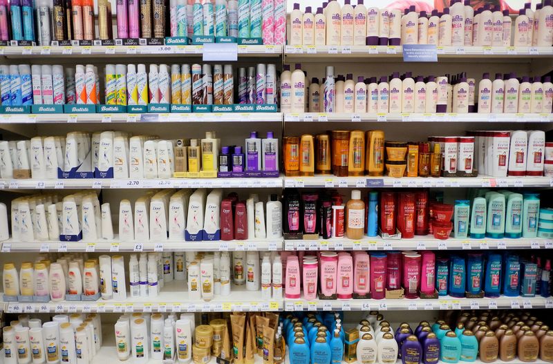 &copy; Reuters. FILE PHOTO: Bottles of shampoos are displayed for sale on shelves at a Tesco supermarket in south London, Britain, October 9, 2017. REUTERS/Hannah McKay/File Photo
