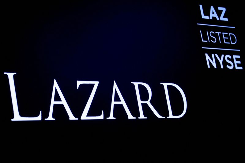 &copy; Reuters. FILE PHOTO: The logo and trading information for Lazard Ltd appear on a screen on the floor at the New York Stock Exchange (NYSE) in New York, U.S., April 24, 2019. REUTERS/Brendan McDermid/File Photo/File Photo