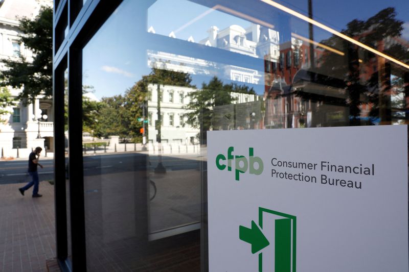 &copy; Reuters. FILE PHOTO: Signage is seen at the Consumer Financial Protection Bureau (CFPB) headquarters in Washington, D.C., U.S., August 29, 2020. REUTERS/Andrew Kelly/File Photo