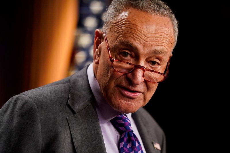 &copy; Reuters. FILE PHOTO: U.S. Senate Majority Leader Chuck Schumer (D-NY) speaks to reporters following the Senate Democrats weekly policy lunch at the U.S. Capitol in Washington, U.S., July 19, 2022. REUTERS/Elizabeth Frantz