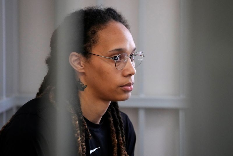 &copy; Reuters. FILE PHOTO: WNBA star and two-time Olympic gold medalist Brittney Griner sits in a cage at a court room prior to a hearing, in Khimki, outside Moscow, Russia, July 27, 2022. Alexander Zemlianichenko/Pool via REUTERS