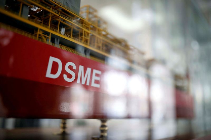 &copy; Reuters. FILE PHOTO: The name of Daewoo Shipbuilding & Marine Engineering Co is seen on a replica ship displayed at its building in Seoul, South Korea, March 24, 2017.   REUTERS/Kim Hong-Ji