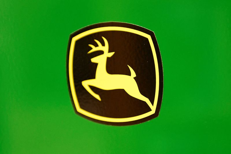 &copy; Reuters. FILE PHOTO: The leaping deer trademark logo is seen on John Deere equipment at a dealership in Taylor, Texas, U.S., February 16, 2017.  REUTERS/Mohammad Khursheed/File Photo
