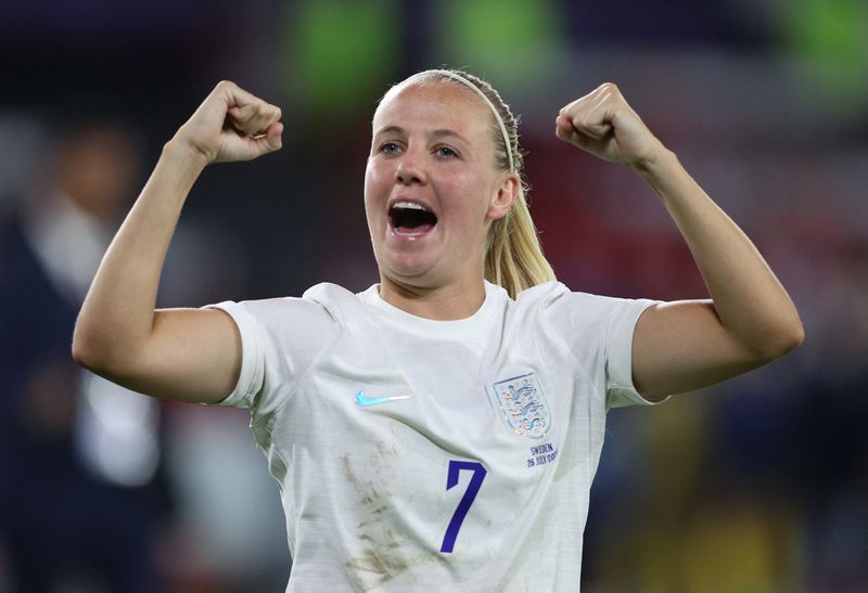 &copy; Reuters. FILE PHOTO: Soccer Football - Women's Euro 2022 - Semi Final - England v Sweden - Bramall Lane, Sheffield, Britain - July 26, 2022 England's Beth Mead celebrates after the match REUTERS/Matthew Childs