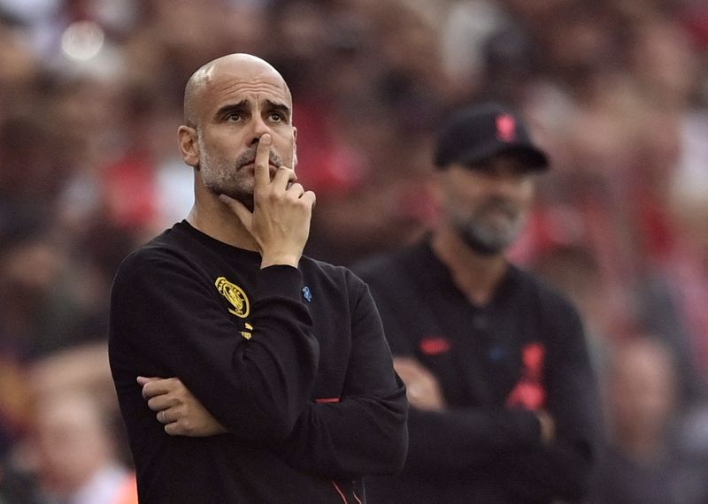 &copy; Reuters. Pep Guardiola durante partida da Supercopa da Inglaterra entre Manchester City e Liverpool
30/07/2022 REUTERS/Tony Obrien