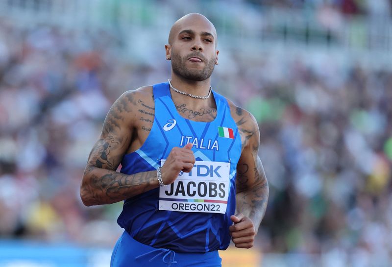 &copy; Reuters. العداء الإيطالي الأولمبي لامونت مارسيل جاكوبس خلال سباق 100 متر للرجال يوم 15 من يوليو تموز. تصوير: لوسي نيكولسون - رويترز