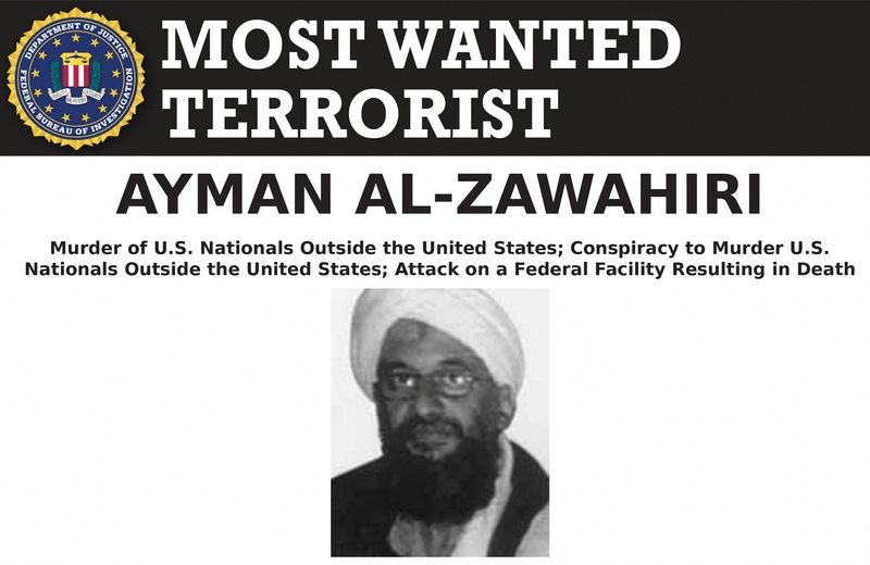 &copy; Reuters. زعيم تنظيم القاعدة أيمن الظواهري يظهر في ملصق قديم لمكتب التحقيقات الاتحادي. صورة من أرشيف رويترز 
