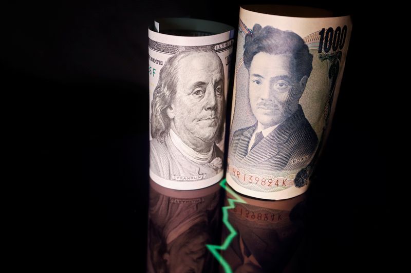 &copy; Reuters. ورقة مالية من الين الياباني وأخرى من الدولار الأمريكي في صورة توضيحية يوم 16 يونيو حزيران 2022. تصوير:  فلورنس لو  - رويترز