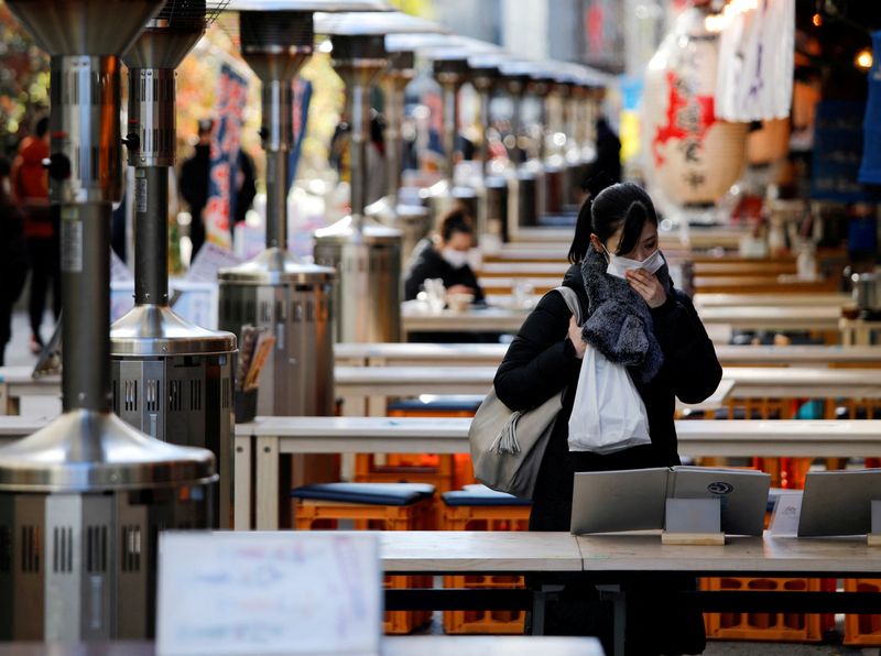 &copy; Reuters. FILE PHOTO: A woman wearing protective a face mask is seen at an open-air restaurant as the government declared the second state of emergency for the capital and some prefectures, amid coronavirus disease (COVID-19) outbreak, in Tokyo, Japan January 9, 20