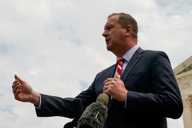 &copy; Reuters. FILE PHOTO: Missouri Attorney General Eric Schmitt speaks during a news conference after the U.S. Supreme Court heard oral arguments in President Joe Biden's bid to rescind a Trump-era immigration policy that forced migrants to stay in Mexico to await U.S