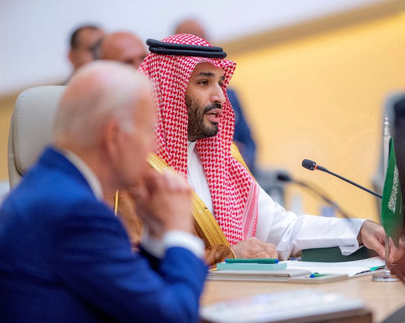 &copy; Reuters. FILE PHOTO: Saudi Crown Prince Mohammed bin Salman speaks during the Jeddah Security and Development Summit in Jeddah, Saudi Arabia, July 16, 2022. Bandar Algaloud/Courtesy of Saudi Royal Court/Handout via REUTERS//File Photo