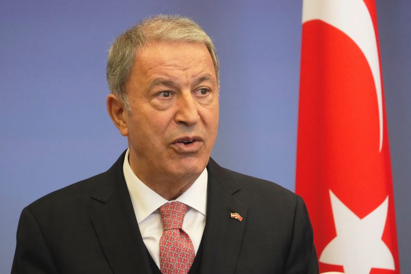 &copy; Reuters. Turkish Defence Minister Hulusi Akar speaks during a news conference in Riga, Latvia July 28, 2022. REUTERS/Ints Kalnins