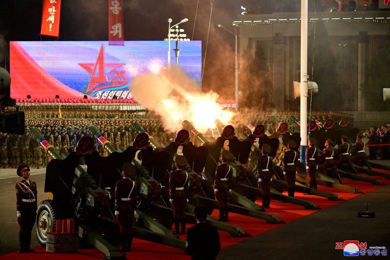 &copy; Reuters. FILE PHOTO: Troops perform a gun salute during the parade to mark the 90th anniversary of the founding of the Korean People's Revolutionary Army in Pyongyang, North Korea, in this undated photo released by North Korea's Korean Central News Agency (KCNA) 