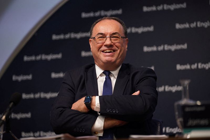 &copy; Reuters. FILE PHOTO: Governor of the Bank of England, Andrew Bailey, reacts during the Bank of England's financial stability report news conference, at the Bank of England, London August 4, 2022. Yui Mok/Pool via REUTERS