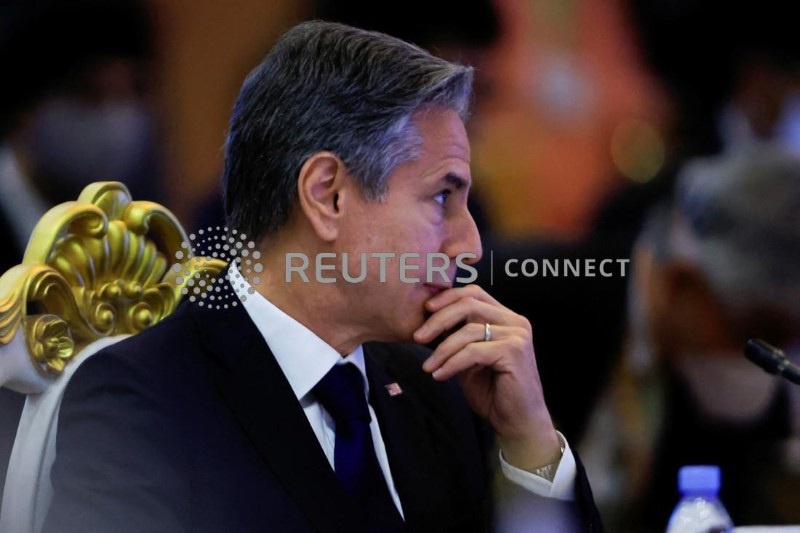 &copy; Reuters. Il Segretario di Stato americano Antony Blinken partecipa al vertice sull'Asia orientale durante la riunione dei ministri degli Esteri dell'ASEAN a Phnom Penh, in Cambogia, il 5 agosto 2022. REUTERS/Soe Zeya Tun