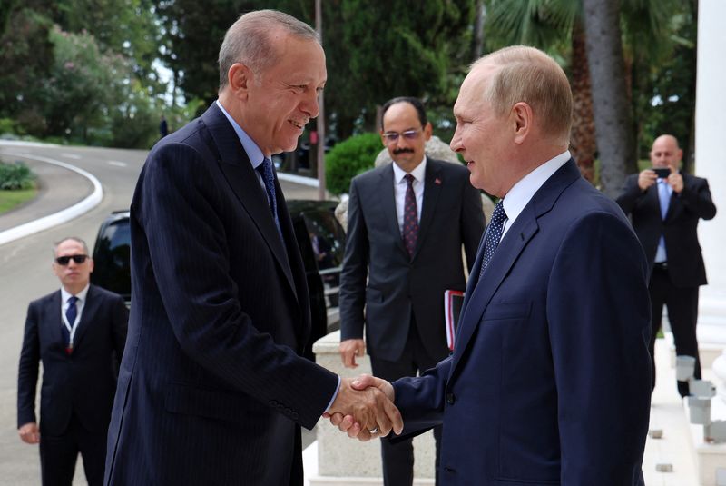 &copy; Reuters. بوتين (إلى اليمين) يصافح أردوغان في سوتشي بروسيا يوم الجمعة. صورة من ممثل لوكالات الأنباء. 