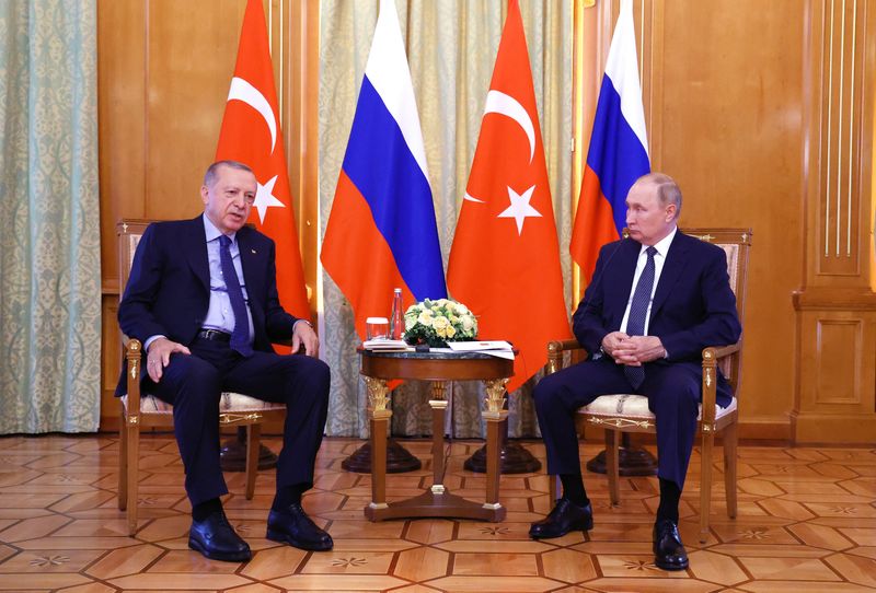 &copy; Reuters. El presidente ruso Vladimir Putin con el presidente turco Tayyip Erdogan durante una reunión en Sochi, Rusia, el 5 de agosto,  2022. Sputnik/Vyacheslav Prokofyev/Pool via REUTERS 