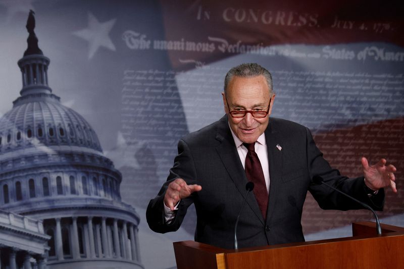 &copy; Reuters. U.S. Senate Majority Leader Chuck Schumer (D-NY) holds a news conference to tout the a $430 billion drug pricing, energy and tax bill championed by Democrats at the U.S. Capitol in Washington, U.S. August 5, 2022.  REUTERS/Jonathan Ernst
