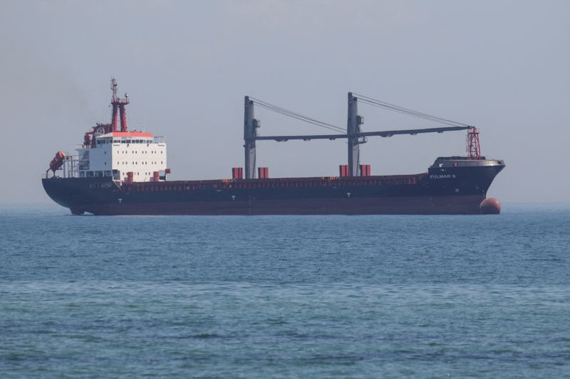 &copy; Reuters. 　８月８日、ウクライナの黒海の港から２隻の穀物船が出港した。写真はチョルノモルスク港に到着したバルバドス籍の一般貨物船「Fulmar S」。７日撮影（２０２２年　ロイター/Serhii Smolient