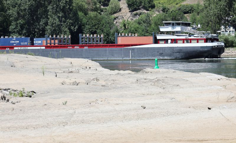 &copy; Reuters. FILE PHOTO: A container vessel passes the Loreley Rock at low water levels as recent dry weather continues, that prevented cargo vessels from sailing fully loaded on the river Rhine, in Sankt Goar, Germany, July 19, 2022. REUTERS/Wolfgang Rattay/File Phot