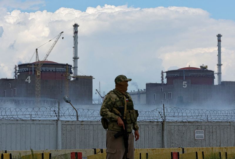 &copy; Reuters. جندي يضع علما روسيا على ملابسه يقف بالقرب من محطة زابوريجيا للطاقة النووية في اوكرانيا يوم الرابع من أغسطس اب 2022. تصوير: الكسندر ارموتشينكو -