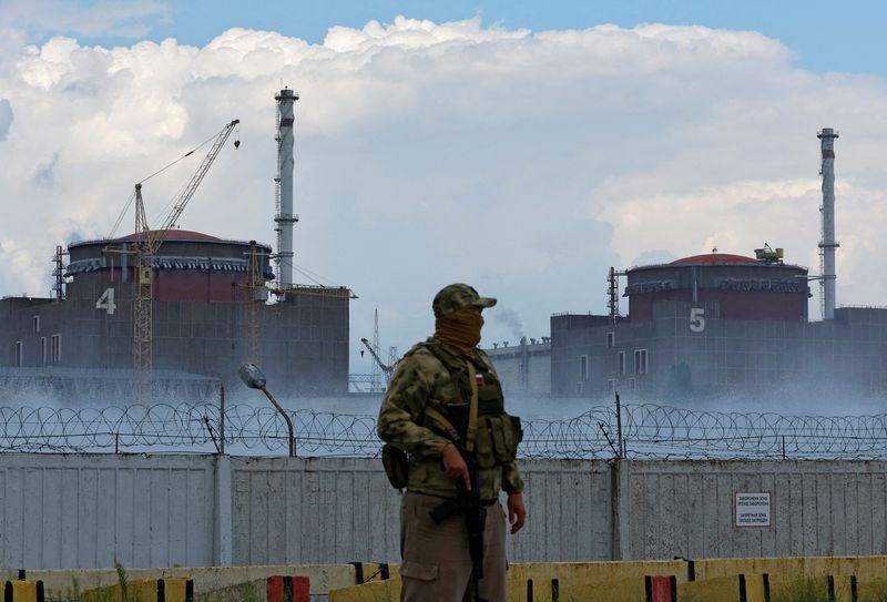 &copy; Reuters. Imagen de archivo de un militar con una bandera rusa en su uniforme montando guardia cerca de la central nuclear de Zaporiyia durante el conflicto entre Ucrania y Rusia, a las afueras de la ciudad de Enerhodar, controlada por Rusia, en la región de Zapor