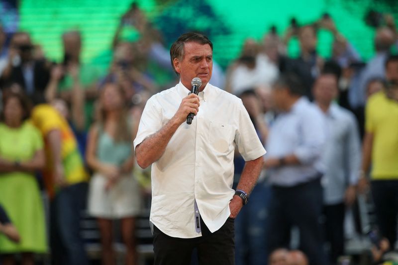 &copy; Reuters. FILE PHOTO: Brazil's President Jair Bolsonaro speaks at the launching ceremony to officially become a candidate for the presidential re-election, in Rio de Janeiro, Brazil July 24 2022. REUTERS/Ricardo Moraes