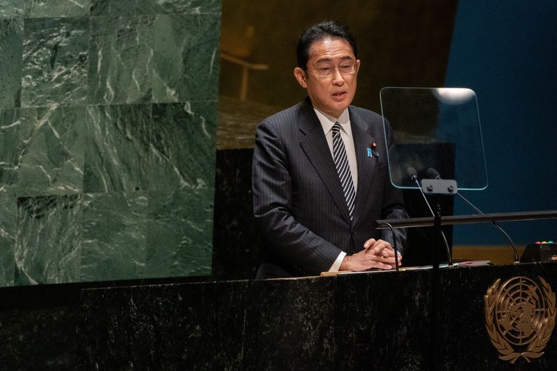&copy; Reuters. FILE PHOTO: Prime Minister of Japan Fumio Kishida addresses the United Nations General Assembly during the Nuclear Non-Proliferation Treaty review conference in New York City, New York, U.S., August 1, 2022.  REUTERS/David 'Dee' Delgado