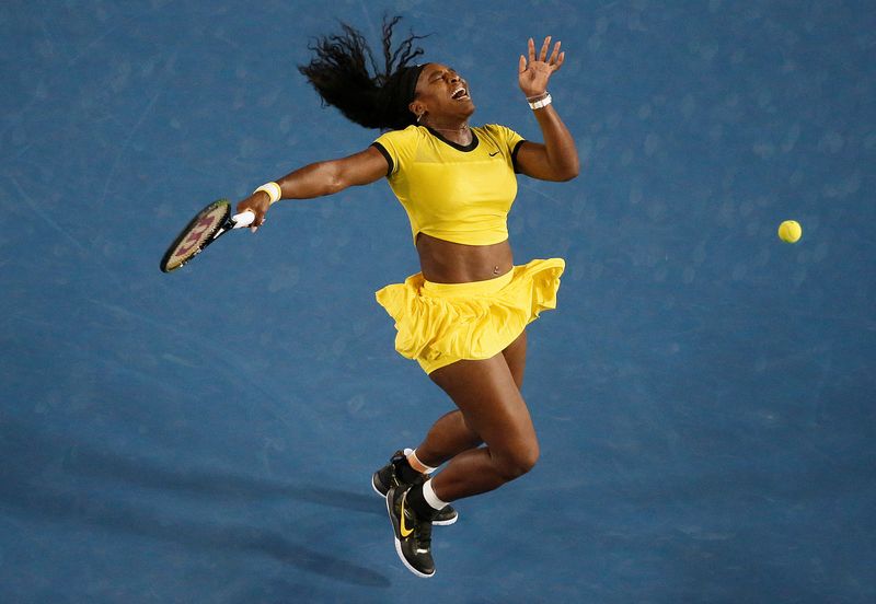 &copy; Reuters. FILE PHOTO: Serena Williams of the U.S. reacts after being hit by a ball during her final match against Germany's Angelique Kerber at the Australian Open tennis tournament at Melbourne Park, Australia, January 30, 2016. REUTERS/Jason Reed