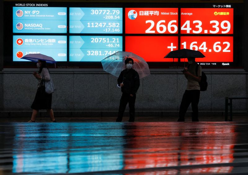 &copy; Reuters. أشخاص يضعون كمامات يمرون أمام شاشة إلكترونية تعرض مؤشر نيكي في طوكيو يوم 14 يوليو تموز 2022. تصوير: إيسي كاتو - رويترز