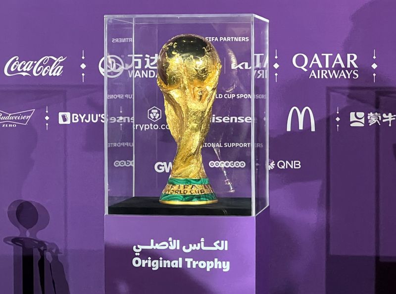 &copy; Reuters. FILE PHOTO: A view of the World Cup Trophy during an event marking "200 Days To Go" ahead of the 2022 FIFA World Cup, in Doha, Qatar May 6, 2022. REUTERS/Imad Creidi