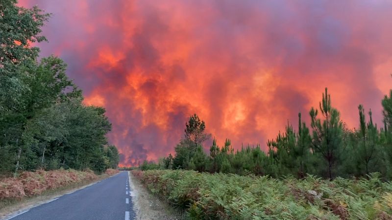 &copy; Reuters. Vista general del humo que se eleva en Hostens, mientras los incendios forestales continúan extendiéndose en la región de la Gironda, en Francia, el 9 de agosto de 2022. FDNG/Handout vía REUTERS