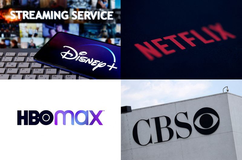 © Reuters. FILE PHOTO: The logos of Disney+, Netflix, HBOMax and CBS in this combination photo from Reuters files.   REUTERS/File Photo