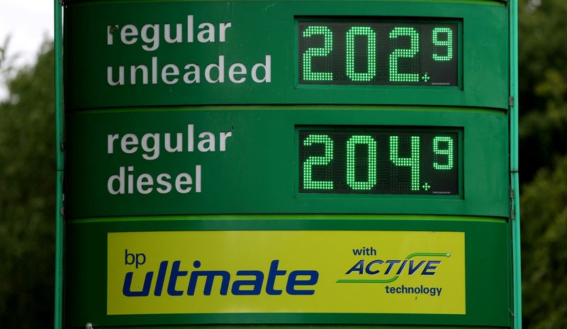 © Reuters. FILE PHOTO: Increased petrol and diesel are seen on a display board at a filling station in Stafford, Staffordshire, Britain, June 8, 2022. REUTERS/Carl Recine/File Photo