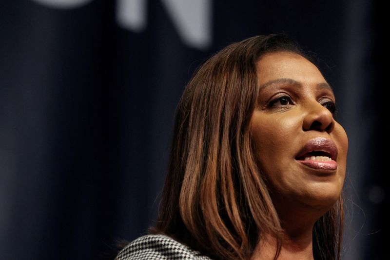 &copy; Reuters. FILE PHOTO: New York Attorney General Letitia James delivers remarks at the New York Democratic party 2022 State Nominating Convention in Manhattan in New York City, U.S., February 17, 2022. REUTERS/Mike Segar/File Photo