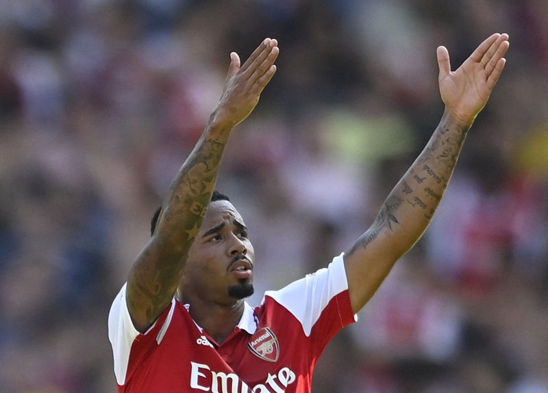 &copy; Reuters. Gabriel Jesus celebra gol pelo Arsenal
13/08/2022
REUTERS/Tony Obrien 