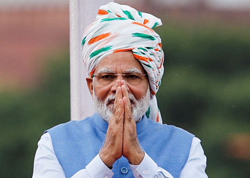 &copy; Reuters. 　８月１５日、インドのモディ首相（写真）は独立記念日演説で、電力、防衛、デジタル技術分野における国内生産支援策を掲げる中、今後２５年以内に先進国になることを目指すと表明し