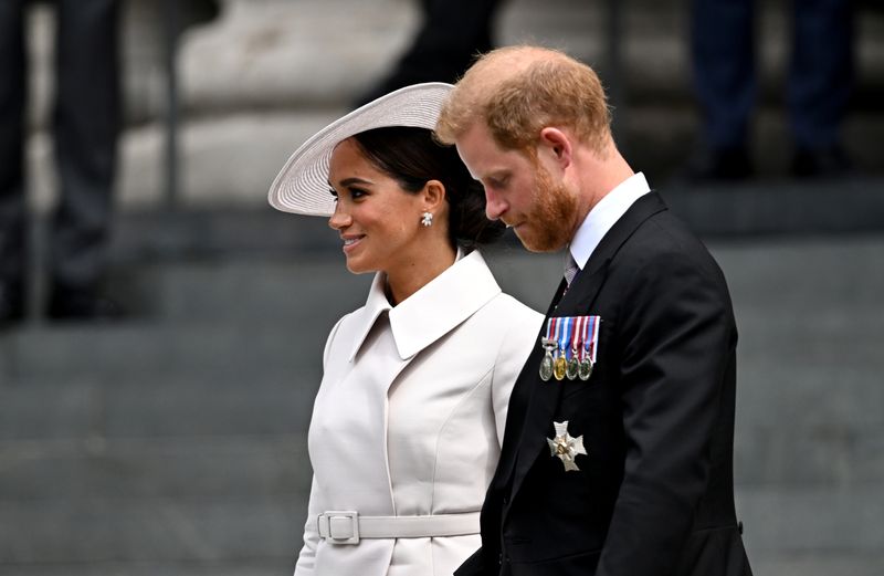 &copy; Reuters. FILE PHOTO: Britain's Prince Harry and his wife Meghan, Duchess of Sussex, leave after the National Service of Thanksgiving held at St Paul's Cathedral as part of celebrations marking the Platinum Jubilee of Britain's Queen Elizabeth, in London, Britain, 