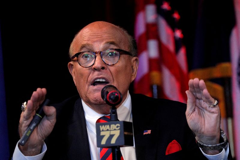 © Reuters. FILE PHOTO: Former New York City Mayor Rudy Giuliani speaks during an appearance on the John Catsimatidis radio show in New York City, New York, U.S., September 10, 2021.  REUTERS/Brendan McDermid