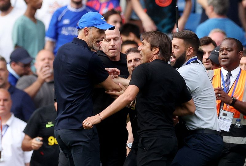 &copy; Reuters. Técnico do Chelsea, Thomas Tuchel, e treinador do Tottenham Hotspur, Antonio Conte
14/08/2022
Action Images via Reuters/Paul Childs