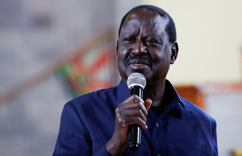 &copy; Reuters. FILE PHOTO - Kenya's opposition leader and presidential candidate Raila Odinga, of the Azimio La Umoja (Declaration of Unity) One Kenya Alliance addresses a service at the St. Francis church, after the general elections by the Independent Electoral and Bo