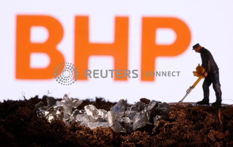 &copy; Reuters. Una miniatura di un minatore davanti al logo Bhp. REUTERS/Dado Ruvic