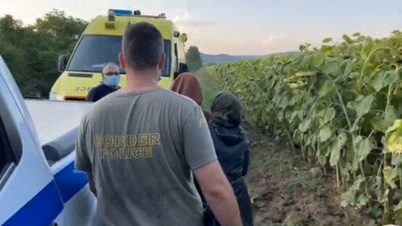 © Reuters. Migrants are escorted by a Greek border police officer, in the region of Evros, Greece in this screen grab from a handout video released on August 16, 2022. Citizens Protection Ministry/Handout via REUTERS 
