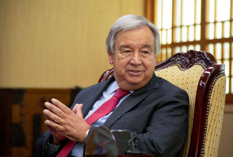 &copy; Reuters. UN Secretary-General Antonio Guterres speaks with South Korean Foreign Minister Park Jin (not pictured) at the Foreign Ministry, in Seoul, South Korea, August 12, 2022. Jeon Heon-Kyun/Pool via REUTERS