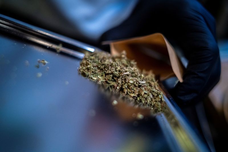 &copy; Reuters. A staff member prepares cannabis at the RG420 cannabis store, at Khaosan Road, one of the favourite tourist spots in Bangkok, Thailand, July 31, 2022. REUTERS/Athit Perawongmetha