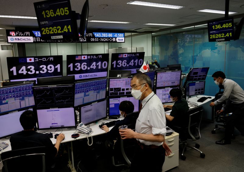 &copy; Reuters. FILE PHOTO: Employees of the foreign exchange trading company Gaitame.com work in front of monitors showing the Japanese yen exchange rate against the U.S. dollar, the euro and Nikkei share average at its dealing room in Tokyo, Japan June 22, 2022. REUTER