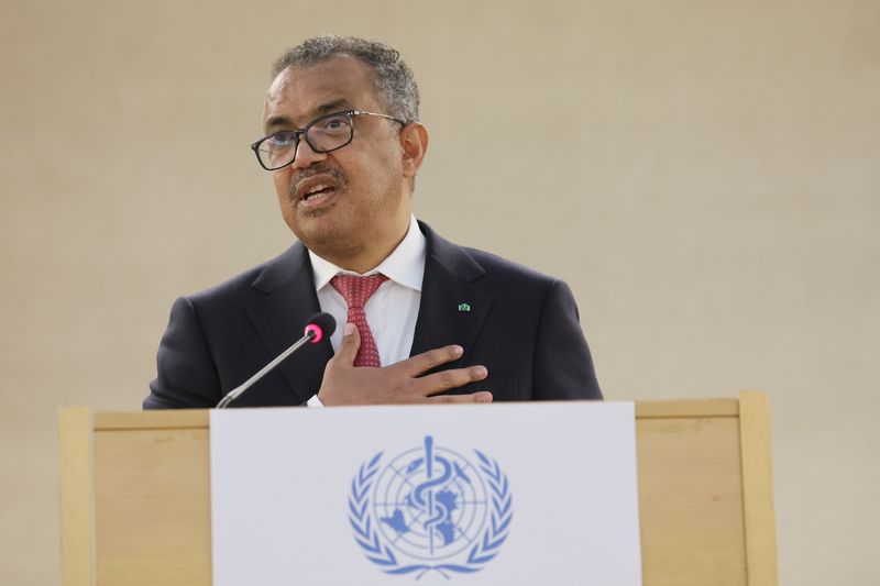 &copy; Reuters. FILE PHOTO: Dr Tedros Adhanom Ghebreyesus, Director-General of the World Health Organization (WHO) speaks following his re-election during the 75th World Health Assembly at the United Nations in Geneva, Switzerland, May 24, 2022. REUTERS/Denis Balibouse