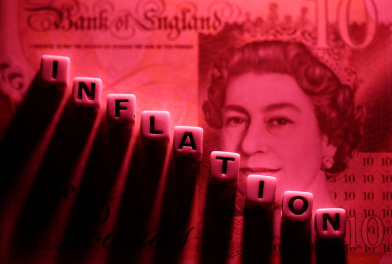 &copy; Reuters. FILE PHOTO: Plastic letters arranged to read "Inflation" are placed on British Pound banknote in this illustration taken, June 12, 2022. REUTERS/Dado Ruvic/Illustration