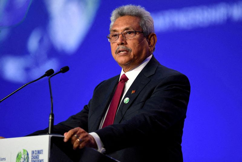 &copy; Reuters. FILE PHOTO: Sri Lanka's then president, Gotabaya Rajapaksa, presenting his national statement during  the World Leaders' Summit at the UN Climate Change Conference (COP26) in Glasgow, Scotland, Britain November 1, 2021. Andy Buchanan/Pool via REUTERS