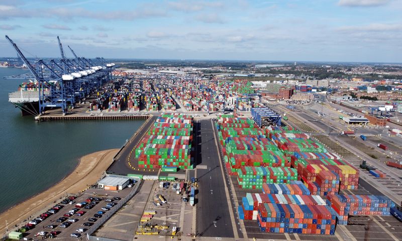 &copy; Reuters. FILE PHOTO: A view shows stacked shipping containers at the port of Felixstowe, Britain, October 13, 2021. Picture taken with a drone. REUTERS/Hannah McKay